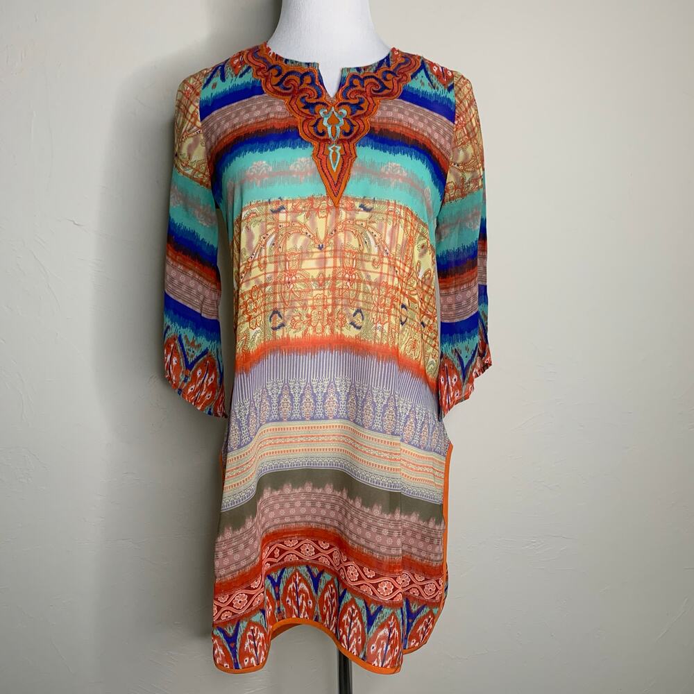 Sheer Bright Tunic Tribal Pattern Embroidered Collar Sz Small